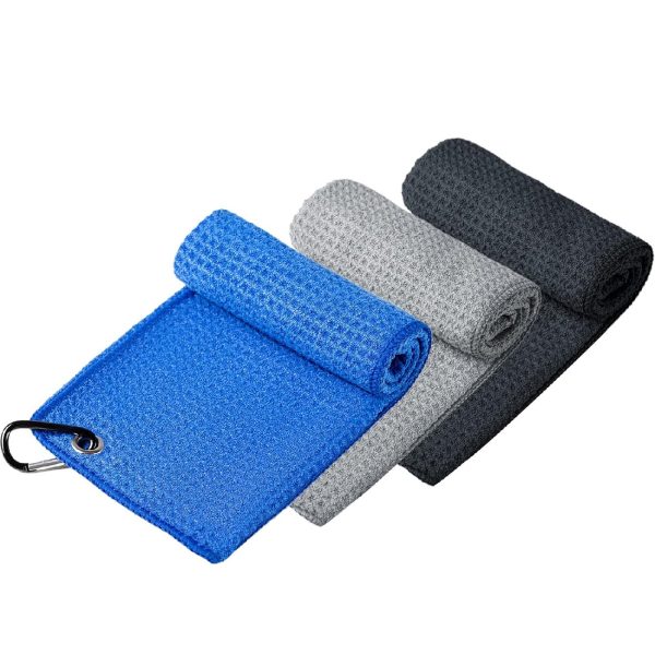 Genreen Microfiber Golf Towel (16" X 16") with Carabiner Clip, Waffle Pattern Golf Towel Hook and Loop Fastener - The Convenient Golf Cleaning Towel Black/Grey/Blue - Image 4