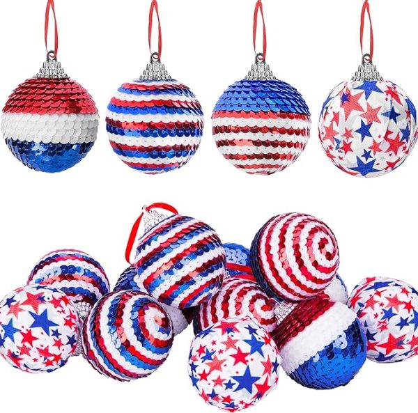 12 Pieces Independence Day Hanging Ball - 2 Inch Memorial Day Sequin Hanging Ball Ornament - 4th of July Red White Blue Tree Decorations for Memorial Day Veterans Patriotic USA Themed Party Supplies