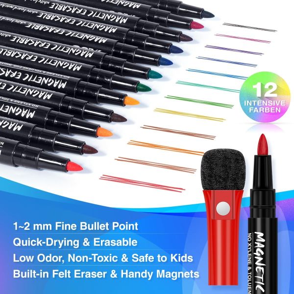 Magnetic Dry Erase Markers Fine: 12 Colors Erasable Whiteboard Markers Fine Point with Eraser Cap, Low Odor White Board Dry Erase Pens Fine Tip for Kids & Teachers, Home, Office and School Supplies - Image 3