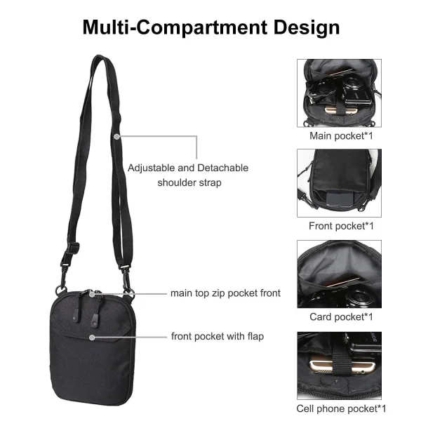 WUSI Small Crossbody Bag for Men, Black Mini Messenger Bag Shoulder Bag for Phone Passport - Image 2