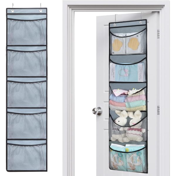 2 Pack Over The Door Organizer with 5 Large Pockets Foldable Hanging Closet Storage Baby Essentials Sundries Stuffed Animal Storage with 2 Metal Hooks