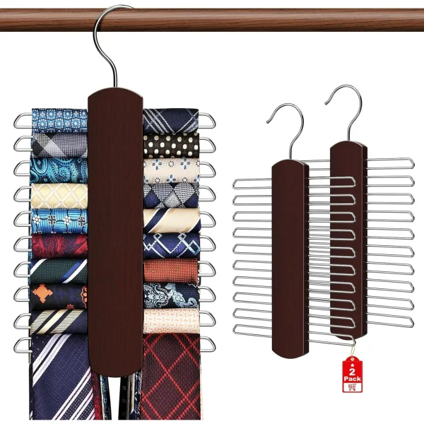 2 Pack Tie Rack for Closet, Premium Wooden Necktie Organizer Storage Tie/Belt Hanger, 360 Degree Swivel Space Saving Ties Holder for Men Hanging 40 Ties, Scarves Red