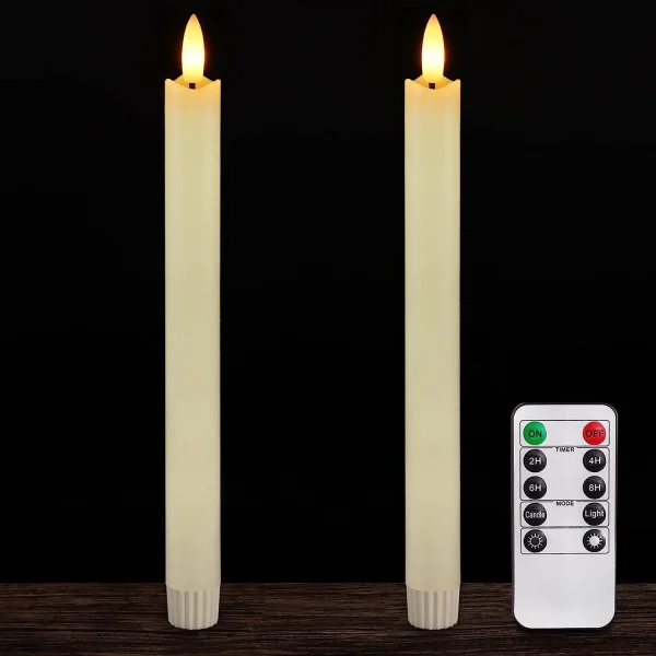 2 Pcs Real Wax Made Flameless Taper Candles with Remote and Timer, 9.6" Ivory Battery Operated Candle Stick Flickering, Led Taper Candles with Lifelike Flame for Valentine's Day Indoor Decor