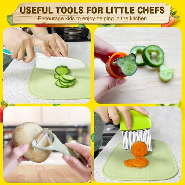 Click image to open expanded view 9 Pcs Kids Kitchen Knife Set, Kids Knives For Real Cooking With Cutting Board, Y Peeler, Crinkle Cutter, Sandwich Cutter, Serrated Edges Plastic Toddler Knife - Image 4