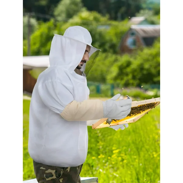 Professional Beekeeper Jacket with Goatskin Gloves- Premium Beekeeping Suit Jacket Pull Over with Fencing Veil Hood- Bee Jacket Beekeeping Smock Protective Suit for Beginner & Professional Beekeepers - Image 4