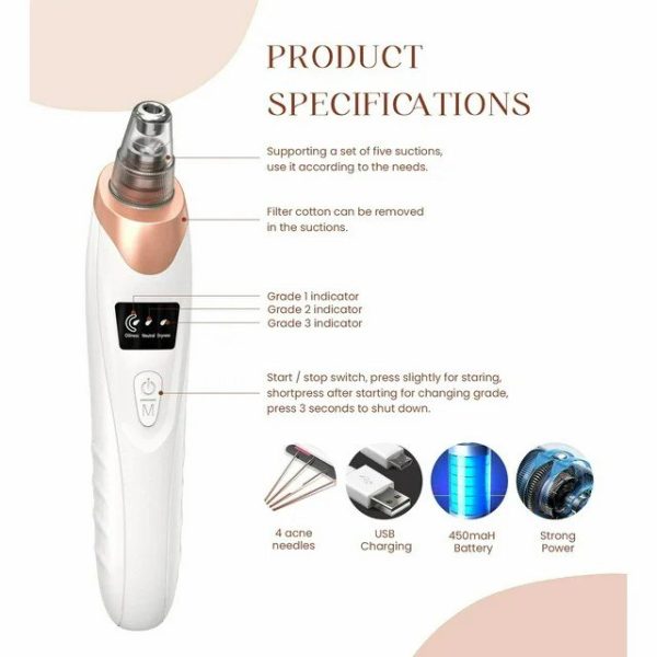 Emlimny Blackhead Remover Pore Vacuum,Facial Pore Cleaner-Pore Extractor Pimple Extractor,5 Probes,USB Rechargeable Blackhead Vacuum Cleaners Kit Electric Acne Extractor Skin Care Tool - Image 4