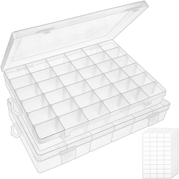 2pack 36 Grids Clear Plastic Organizer Box Container Craft Storage with Adjustable Dividers for Beads Organizer Art DIY Crafts Jewelry Fishing Tackles with 5 Sheets Label Stickers