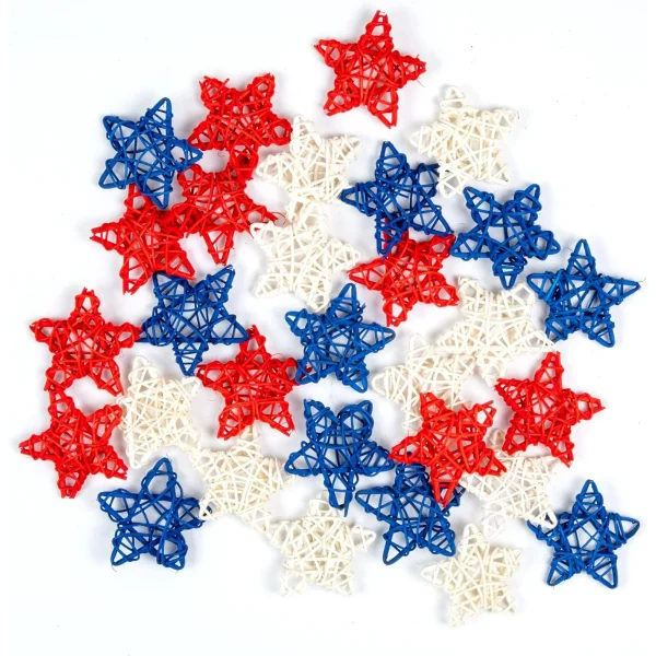 30 PCS 4th of July Star Decorations, 2.5 * 2.5 inch Red Blue White Stars Rattan Wicker Balls for Independence Day, Bow vase fillers for Home Decor Ornaments Wedding