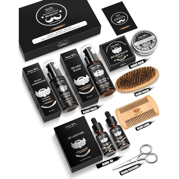 Beard Grooming Kit with 2 Pack Beard Original Oil, Beard Balm, Wash & Conditioner for After Shave Lotions-Sandalwood, Beard Brush, Combs, Valentine's Day Christmas Fathers Gifts for Dad or Men - Image 2