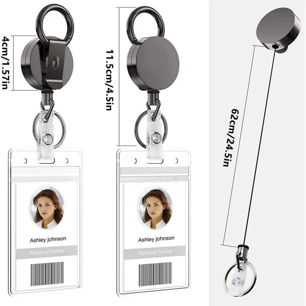 Heavy Duty Retractable Badge Holder Reel,Metal Id Badge Holder with Belt Clip Key Ring for Name Card Keychain,All Metal Casing Reinforced Id Strap Steel Wire Cord Reel - 1Pcs - Image 2