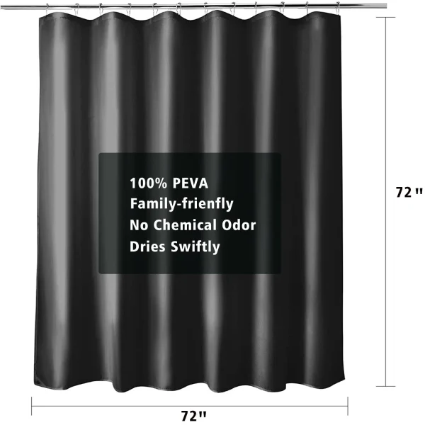 Black Plastic Shower Curtain Liner, 72x72 Inch Thin Lightweight Black Plastic Bathroom Shower Showroom Inner Curtain with Rustproof Metal Grommet Holes and Weighted Magnets - Image 3