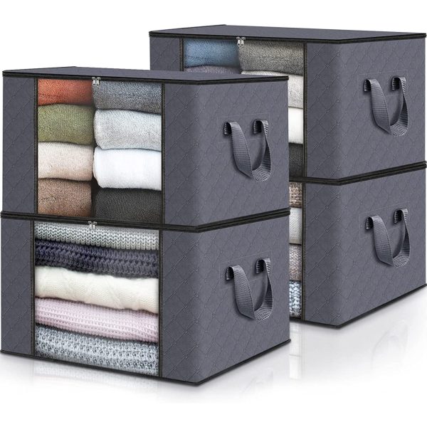 4-Pack Clothes Storage, Foldable Blanket Storage Bags, Storage Containers for Organizing Bedroom, Closet, Clothing, Comforter, Organization and Storage with Lids and Handle, Grey