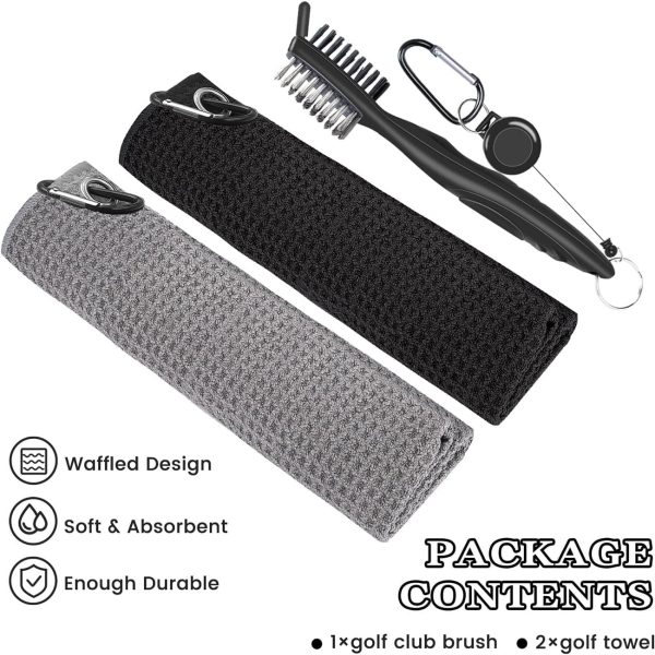 2 Pack Golf Towel (16" X 16") with Golf Club Brush, Genreen Microfiber Waffle Pattern Golf Towels for Golf Bags for Men,Essential Golf Combo Cleaning Kit (Black+Gray) - Image 4