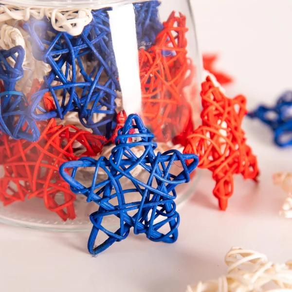 30 PCS 4th of July Star Decorations, 2.5 * 2.5 inch Red Blue White Stars Rattan Wicker Balls for Independence Day, Bow vase fillers for Home Decor Ornaments Wedding - Image 2