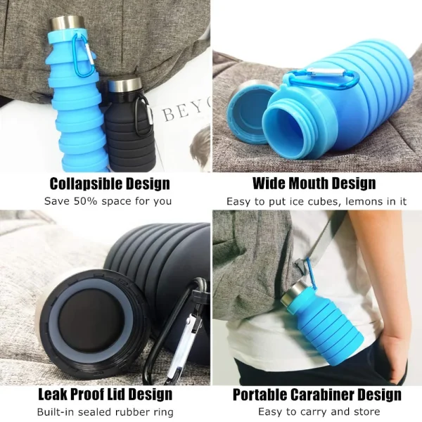 Sherry Collapsible Water Bottle, Reuseable BPA Free Silicone Foldable Water Bottles for Travel Gym Camping Hiking, Portable Leak Proof Sports Water Bottle with Carabiner - Image 3