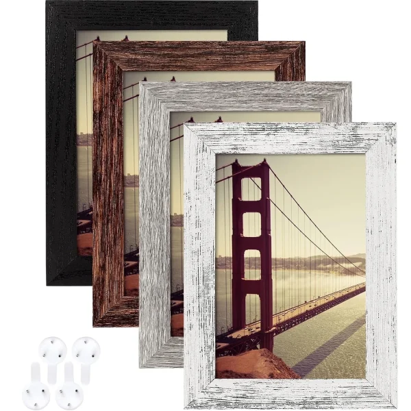 4x6 Picture Frame Distressed Farmhouse Wood Pattern Set of 4 with Tempered Glass,Multicolour