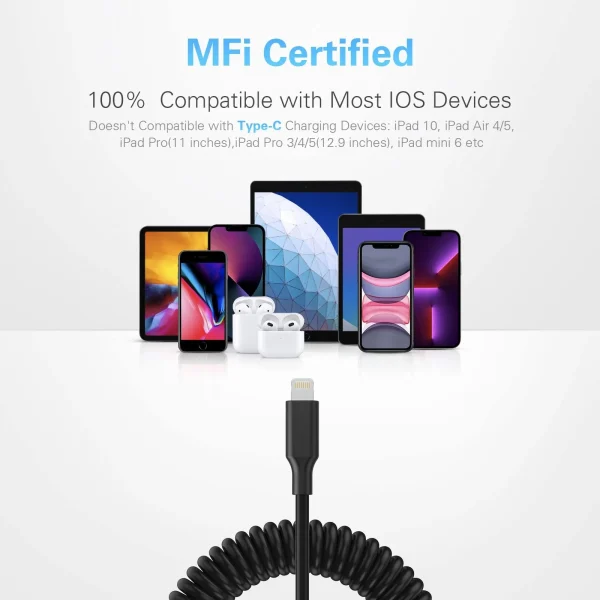 Emlimny iPhone Charger Cable for Car (3 ft), MFi Certified Coiled Lightning Cable Compatible with Most of iPhone and iPad (Black-1PC) - Image 2