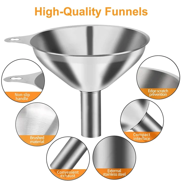 6Pcs Metal Stainless Steel Funnel, Large Small Funnel Set of 3, Food Grade Mini Funnels for Kitchen Use Filling Bottles Flask Cooking, 2 Brushes YLYL - Image 2