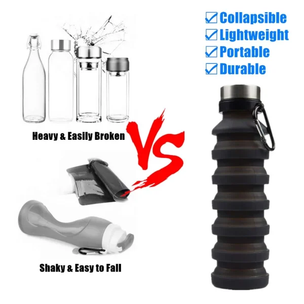 Sherry Collapsible Water Bottle, Reuseable BPA Free Silicone Foldable Water Bottles for Travel Gym Camping Hiking, Portable Leak Proof Sports Water Bottle with Carabiner - Image 4