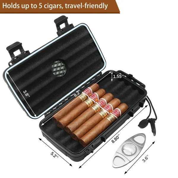 Travel Cigar Humidors Case,Portable Humidor Box Cigar Kit with Built-in Humidifier Disc & Cigar Cutter Cigar Accessories,Holds up to 5 Cigars,Cigar Waterproof Case, Crushproof, Airtight Seal - Image 3