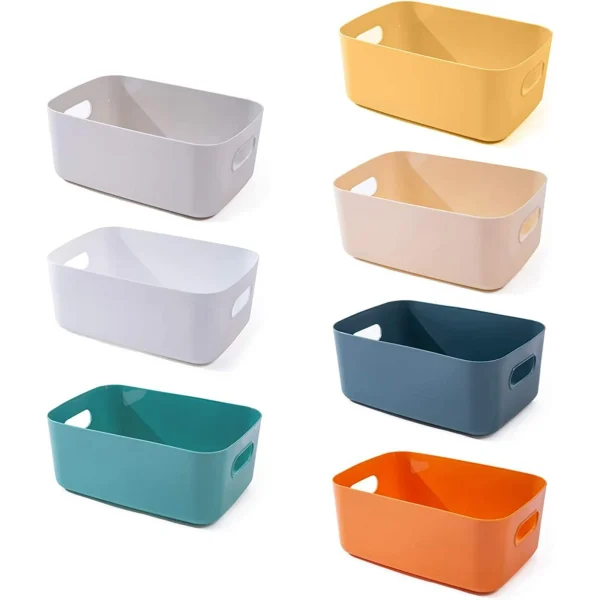 7-Pack Plastic Storage Bins and Baskets for Efficient Home Classroom Organization - Small Containers in Multiple Colors for Kitchen, Cupboard box, and Bathroom Organizer on Shelves and Tubs