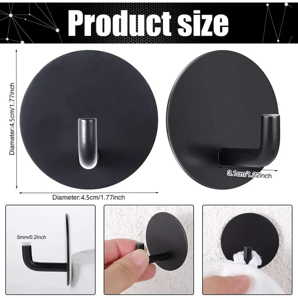 Rongsi Adhesive Wall Hooks, 6 Pack Heavy Duty Sticky Holder Waterproof Aluminum Towel Hooks for Hanging Coat, Hat, Key, Closet Hook Wall Mount for Bathroom, Bedroom, Kitchen (Black) - Image 4