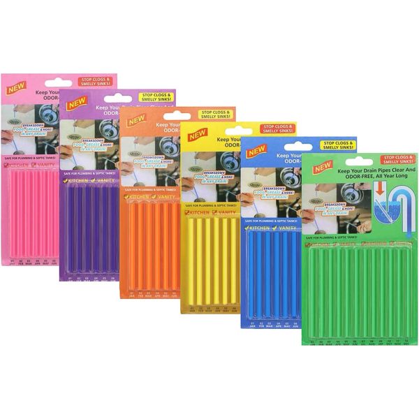 72pcs Drain Sticks Drain Cleaner Sticks Drain Sink Deodorizer Sticks Keep Your Drain Pipes Clear Keep Clogs for Kitchen Bathroom Toilet (6 Color)