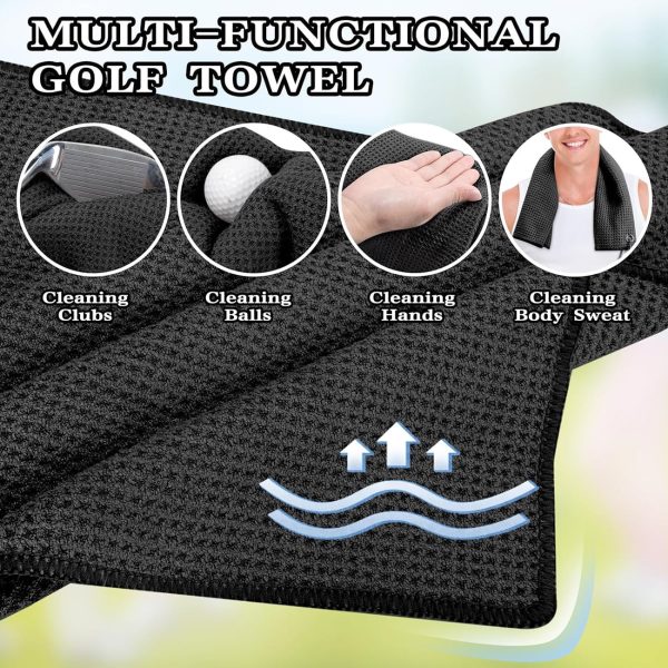 2 Pack Golf Towel (16" X 16") with Golf Club Brush, Genreen Microfiber Waffle Pattern Golf Towels for Golf Bags for Men,Essential Golf Combo Cleaning Kit (Black+Gray) - Image 2