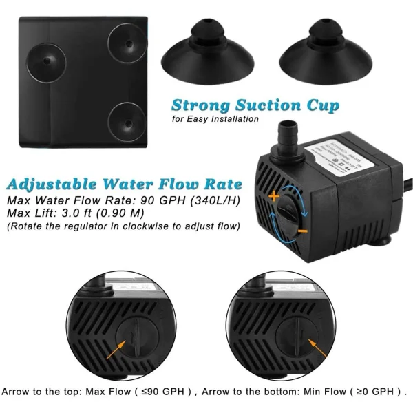 90 GPH Mini Submersible Pump, Small Fountain Pump (5W 350L/H) for water feature, Aquariums, Fish Tank, Tabletop Fountain, Pet Fountain, Indoor or Outdoor Pond Fountain - Image 2