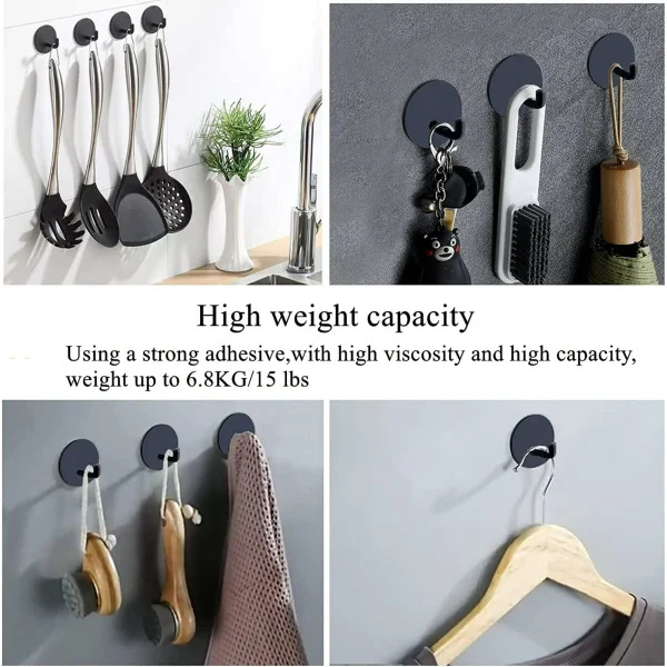 Rongsi Adhesive Wall Hooks, 6 Pack Heavy Duty Sticky Holder Waterproof Aluminum Towel Hooks for Hanging Coat, Hat, Key, Closet Hook Wall Mount for Bathroom, Bedroom, Kitchen (Black) - Image 2