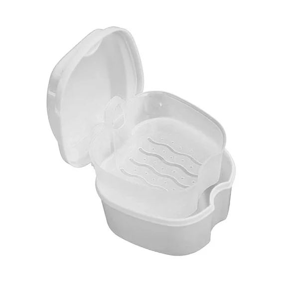 Emlimny Denture Soak Box Orthodontic Retainer Bath Box with Strainer Basket, Denture Container Dental Denture Bath Box Travel Cleaning Cup - White