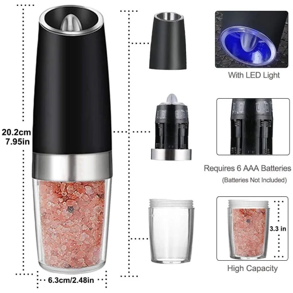 Emlimny Gravity Electric Salt and Pepper Grinder Set, Automatic-Operated with Adjustable Coarseness, LED Light, One Hand Operated - Image 3