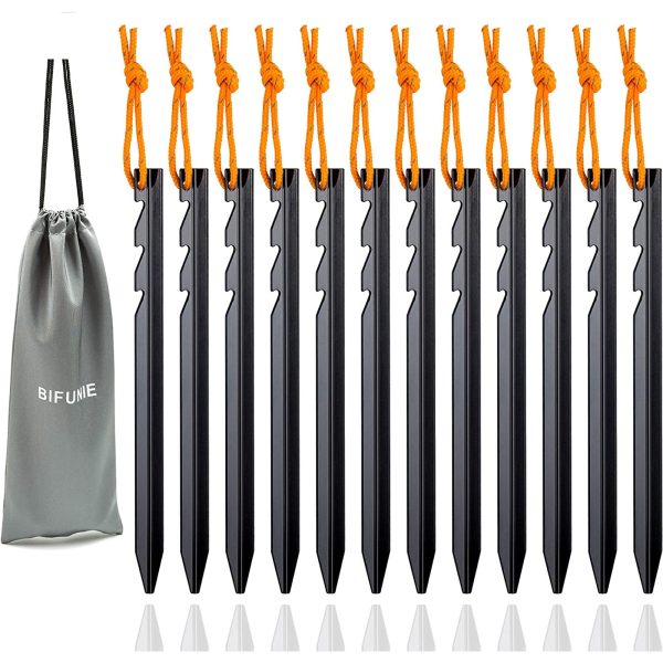 Aluminum Tent Stakes Pegs, 12-Pack Aluminum Ground Pegs with Reflective Pull Ropes, Heavy Duty Tri-Beam Metal Stakes Pegs for Backpacking Camping Tents Hammocks and Canopy