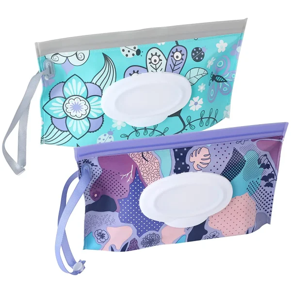 Baby Wipes Container,Baby Wipe Dispenser,Reusable Portable Wipe Holder,Travel Baby Wipes,Refillable Wet Wipe Pouch(Floral)2 Pack