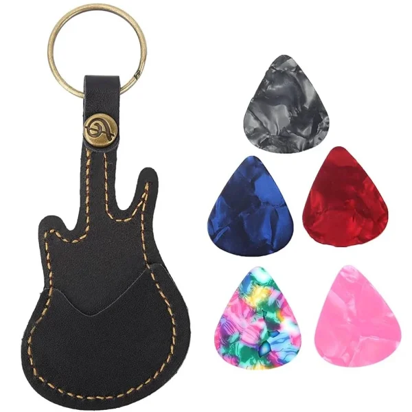 Black Leather Guitar Picks Case Guitar Pick Holder Guitar Plectrums Bag Guitar Pick Keychain Holder Guitar Pick Storage Bag Brass Guitar Pick Accessories with 5PCS Guitar Picks (Random Color)