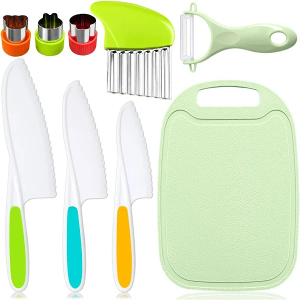 Click image to open expanded view 9 Pcs Kids Kitchen Knife Set, Kids Knives For Real Cooking With Cutting Board, Y Peeler, Crinkle Cutter, Sandwich Cutter, Serrated Edges Plastic Toddler Knife