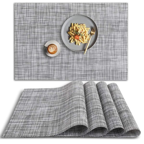 Emlimny 4 PCS Heat Resistant Placemat, PVC Non-Slip Place Mats for Dining Table, Washable Vinyl Placemats for Kitchen, Set of 4 – Gray