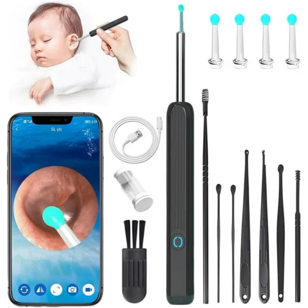 Ear Wax Remover, Emlimny Ear Cleaner Ear Wax Removal Kit, Wireless Otoscope, 1296P HD Endoscope with 4 LED Lights, Suitable for iPhone, & Android Smart Phones(Black)