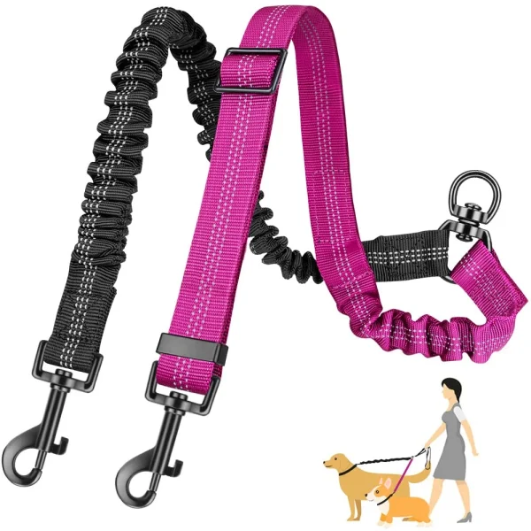 Emlimny Two Dog Lead, 2 in 1 Upgraded Double Dog Leash Attachment Combine Adjustable Strap and Shock Absorbing Bungee No Tangle Dual Training Splitter for Different Size Dogs