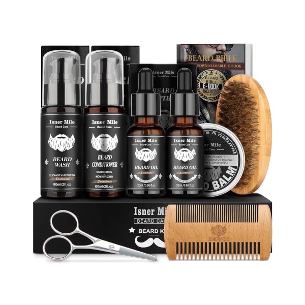 Beard Grooming Kit with 2 Pack Beard Original Oil, Beard Balm, Wash & Conditioner for After Shave Lotions-Sandalwood, Beard Brush, Combs, Valentine's Day Christmas Fathers Gifts for Dad or Men