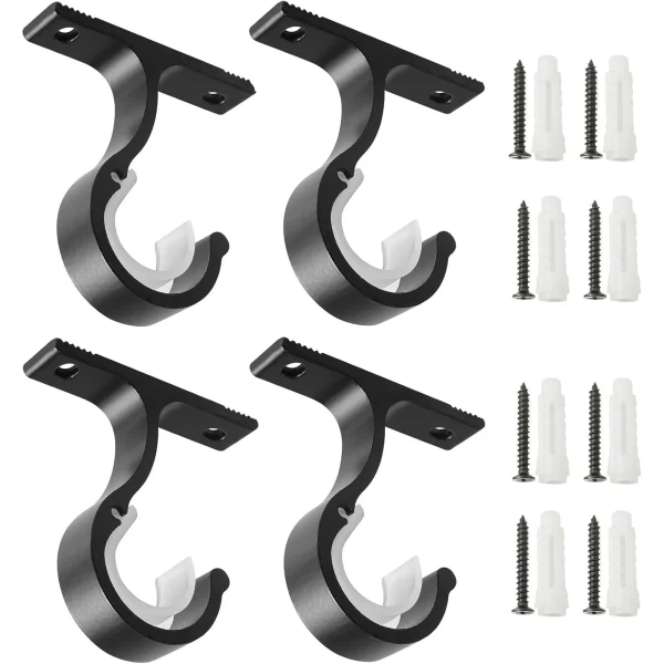 Genreen Curtain Rod Brackets Ceiling Ｍount and Ｗall Installation　Curtain Rod Brackets Ceiling Curtain Rod Brackets Rod Holders for 1 Inch Rod, Black Color, (Set of 4,Black)