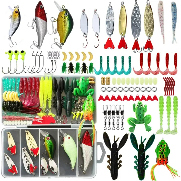 Genreen Fishing Lures Kit, (94Pcs) Spoon Lures, Soft Plastic Worms, Frog Lures, Bait Tackle Kit for Freshwater and saltwater fish