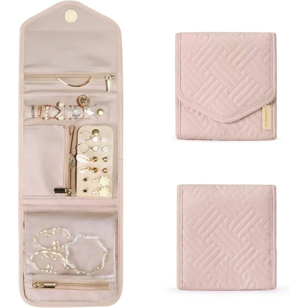 Genreen Travel Jewelry Organizer Case Foldable Jewelry Roll for Journey-Rings, Necklaces, Earrings, Bracelets,Mini,Soft Pink