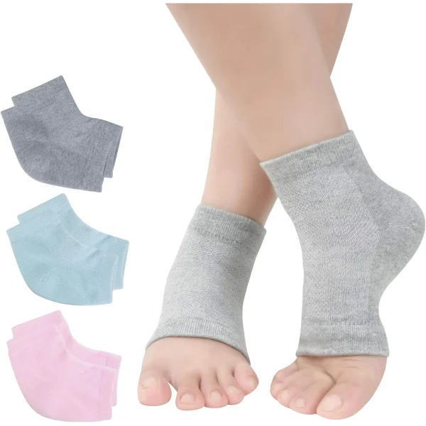 Genreen Vented Moisturizing Gel Heel Socks, 3 Pairs Toeless Spa Sock for Foot Care Treatment, Cracked Heels, Dry Feet, Foot Calluses (Gray, Green, Pink)