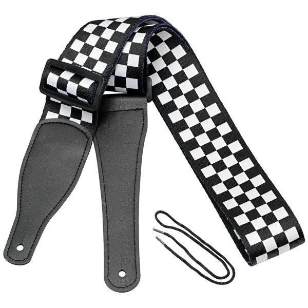 Guitar Strap, Bass Guitar Strap, Electric and Acoustic Guitar Straps - Durable Nylon Checkered Guitar Shoulder Strap with Leather Ends (Black and White Checkered)