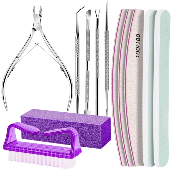 Holytech Manicure and Pedicure Tools Kit, Nail Files 100/180, Nail Buffer Block, Nail Cuticle Nippers, Cuticle Pusher, Cuticle Peeler, Nail Lifter for Ingrown Toenails, Toenail File, Purple