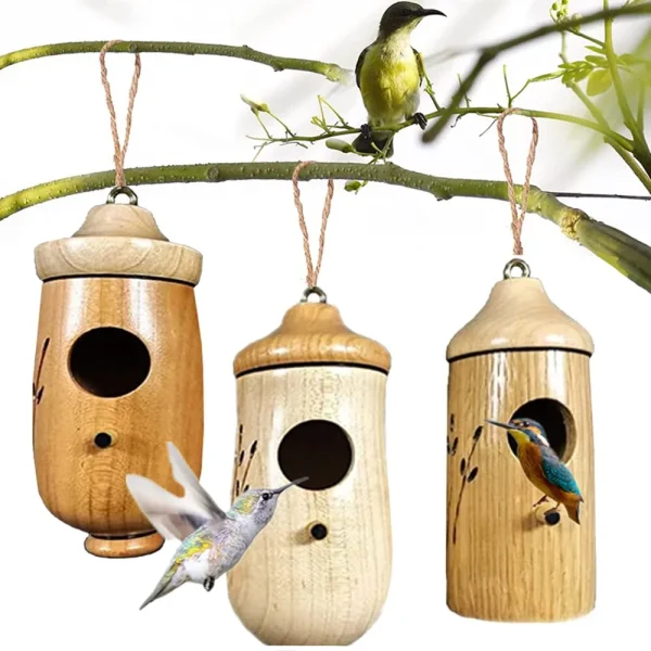 Hummingbird House from Emlimny, 4.5 Inches Bird House, Wooden Hummingbird Swing Nest for Outside Hanging, Pet Cottage for Swallow Sparrow Hummingbird Finch Houses (3PCS)