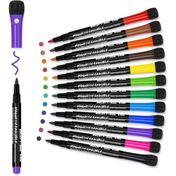 Magnetic Dry Erase Markers Fine: 12 Colors Erasable Whiteboard Markers Fine Point with Eraser Cap, Low Odor White Board Dry Erase Pens Fine Tip for Kids & Teachers, Home, Office and School Supplies