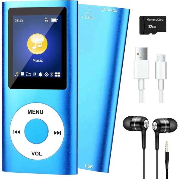 Portable MP3 Player with Bluetooth 5.0, Music Player with 32GB TF Card,HiFi Speaker,FM,Earphone,MP3 Music Player with Voice Recorder/Video/Photo Viewer/E-Book Player for Kids,Running,Walking(Blue)