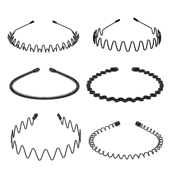 Rongsi 6 Pcs Metal Headbands Wavy Hairband Spring Hair Hoop Sports Fashion Hair Bands Unisex Black Elastic Non Slip Simple Headwear Accessories